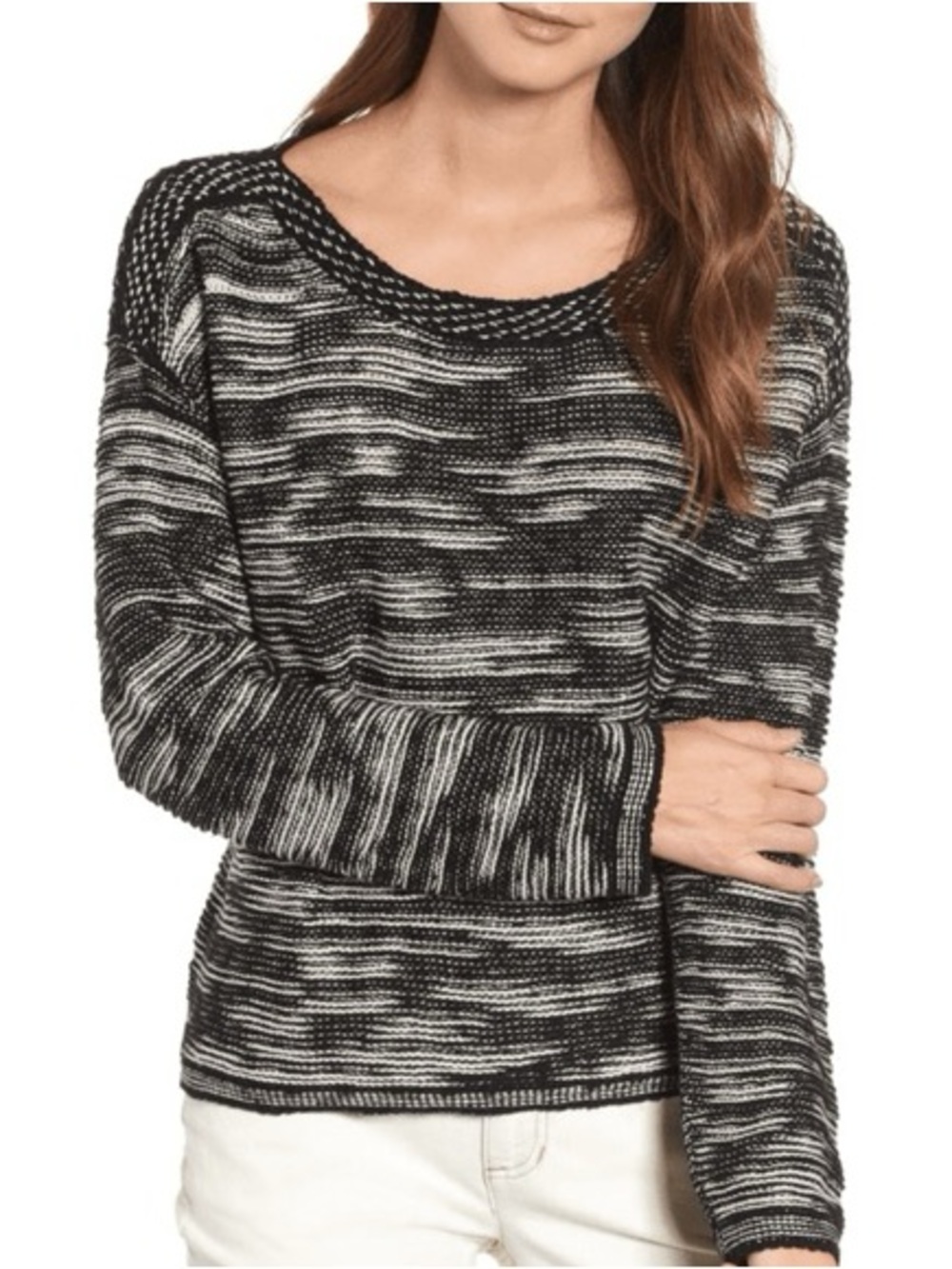 Eileen Fisher Bateau Neck Pullover Sweater Organic Cotton Black White Two Tone